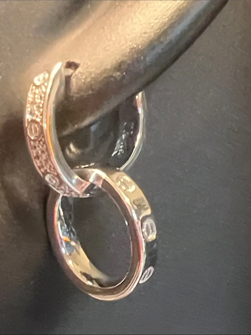 Silver Hoop Drop Earrings with Textured Hinge